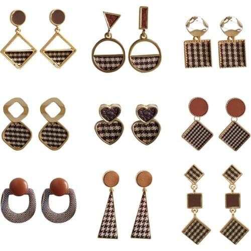Vintage Statement Fabric Cloth Square Earrings Elegant Lattice Geometric Round Hounds-tooth Plaid Brown Drop Earrings For Women