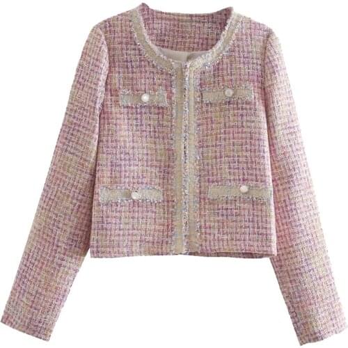 2021 New Women Fashion Patchwork Checked Tweed Jacket Coat Vintage Long Sleeve Frayed Trim Female Outerwear Chic Tops