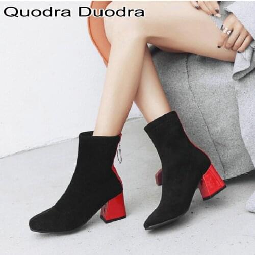 New Winter Square Toe Boots Ankle Boots Block Heels Contrast Color Woman Shoes Back Zipper Luxury Brand Women Booties Botas