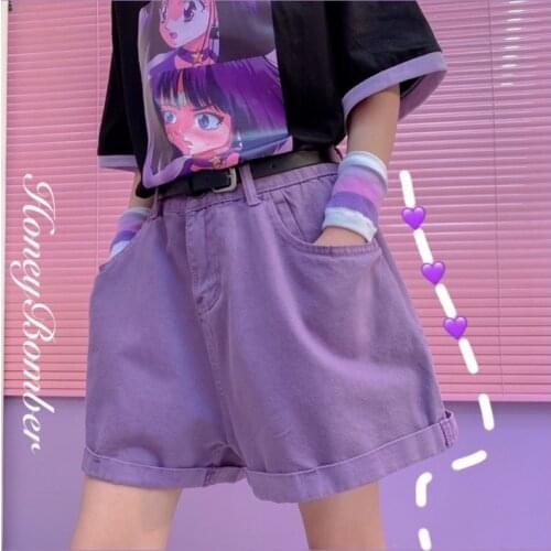 Purple Cotton high waist denim shorts women 2021 summer Casual Fashion loose Solid Sashes Harajuku streetwear Korean jeans