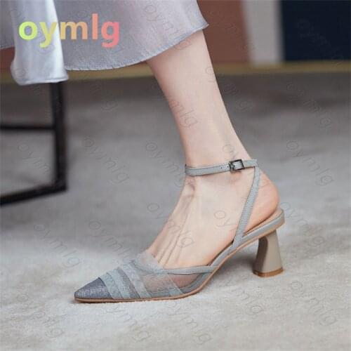 Mesh breathable toe cap sandals womens thick heel 2021 spring and summer new shallow mouth high heels back empty single shoes