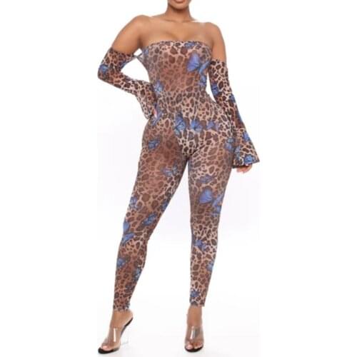 Womens Two-piece Long Sleeve Jumpsuit Top High Waist Leggings Sexy Leopard Print and Butterfly Print Off Shoulder Jumpsuit