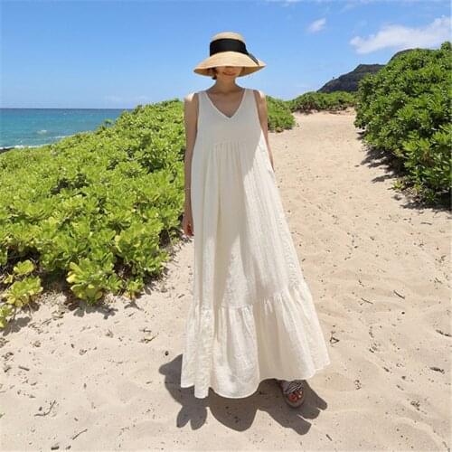 Johnature 2021 New Korean V-neck Tie Solid Color Long Dresses Women Summer Sleeveless Ruffles Casual Loose Dress