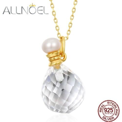 ALLNOEL 925 Sterling Silver Sweater Chain Pendant Necklace For Women Natural Pearl White Crystal Gem Diamond Necklace Fashion