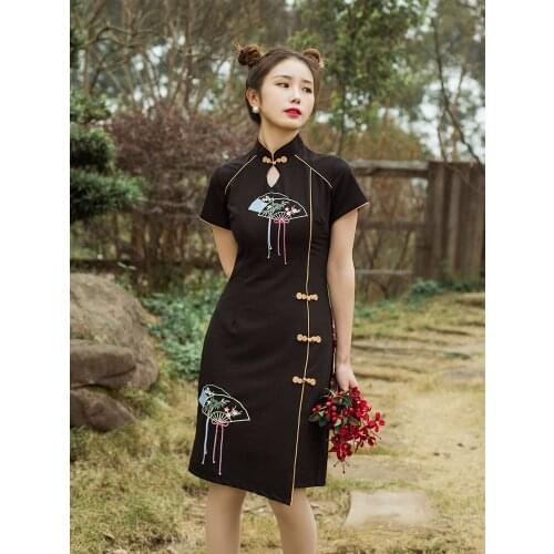 Chinese Style Traditional Black Embroidery Sexy Fashion Bodycon Vestido Cheongsam Dress Vintage Harajuku Summer Woman Clothing