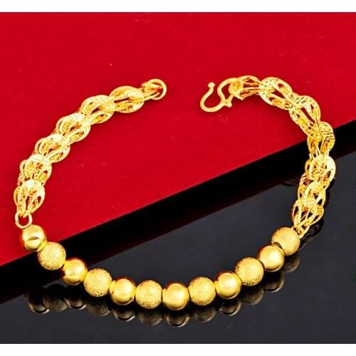 24K Yellow Gold Bracelet For Women Sarkin Anchovies Bracelets Transfer Beaded Chain for Wedding Engagement Fine Jewelry Gift