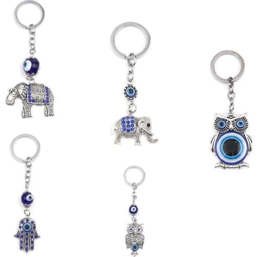 Vintage Hamsa Symbol Hand Evil Eye Religious Keychain Silver Color Dark Blue Rhinestone Keyring, 1 Piece