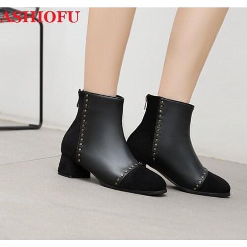 ASHIOFU Handmade Ladies 5cm Block Heels Boots Rivets Spikes Patchwork Leather Party Ankle Booties Evening BFCM Winter Boots