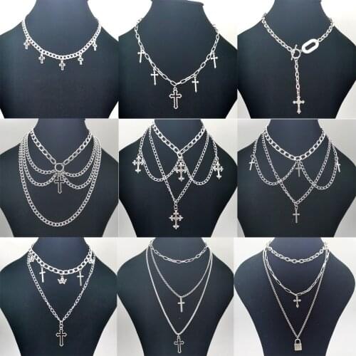 New Personality Cross Square Metal Multilayer Hip Hop Long Chain Cool Simple Necklace For Women Men Jewelry Gifts