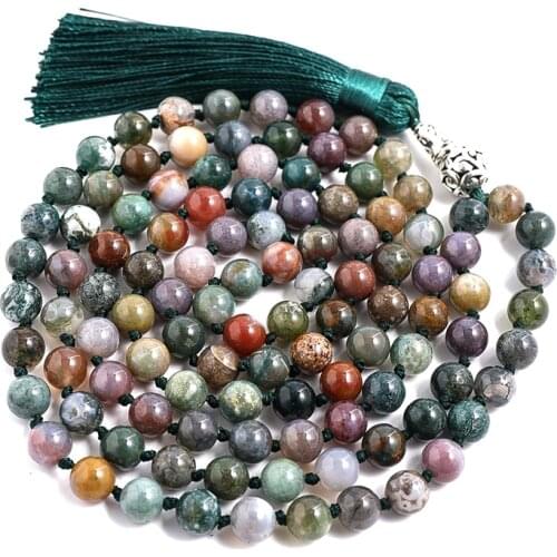 8mm Indian Onyx 108 Mala Beaded Knotted Tibetan Tassel Necklace Meditation Yoga Blessing Spirit Japamala Jewelry
