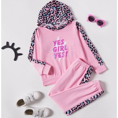 PatPat 2-piece Kid Girl Letter Leopard Print Pink Hoodie and Elasticized Pants Set