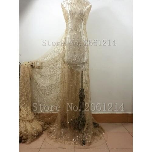 Nice design Top quality african lace fabric glued glitter French tulle lace fabric in gold color small strips