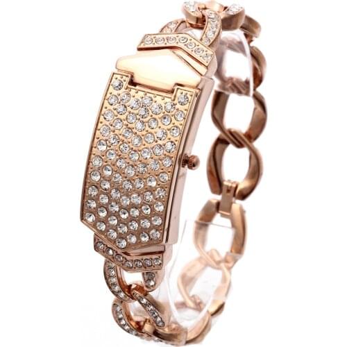 2016 New Luxury Womens Wrist Watch Stainless Steel Band Bracelet Rhinestone Analog Quartz Watch Rose Gold
