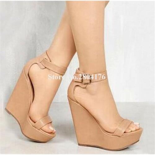 New Design Women Fashion Open Toe High Platform Wedge Sandals Ankle Strap Black Nude Leather Wedge Sandals Dress Shoes