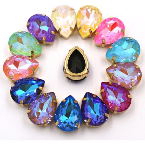 New style Teardrop shape Mocha fluorescence Glass Crystal sewing hollow base gold claw setting flatback rhinestones for clothing