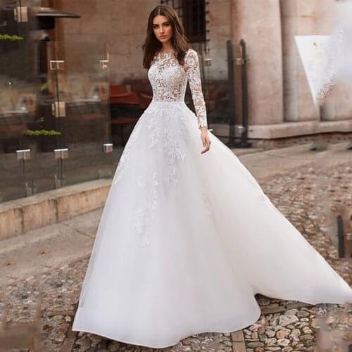 Charming Illusion Top Lace Body Wedding Dresses Long Sleeve A-Line Tulle Bridal Gowns Custom Made