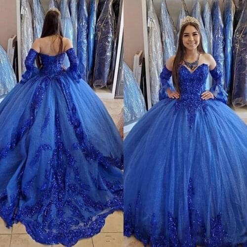 2021 Princess Arabic Royal Blue Quinceanera Dresses Lace Applique Beaded Sweetheart Prom Dresses Lace-up Sweet 16 Party Dress