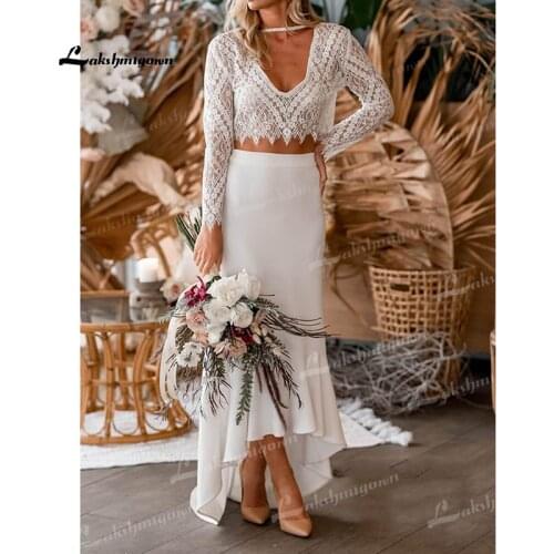 Two Piece Boho Beach Wedding Dresses Illusion Lace Top&Soft Satin High Low Skirt V-Neck Long Sleeve Side Zipper Closure