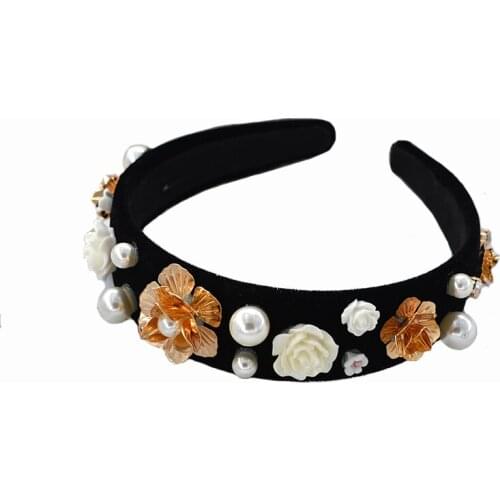 Baroque Retro Luxury Crown Hairbands White Porcelain Flowers Black Hair Hoop Luxury Rhinestone Trendy Hair Accessories