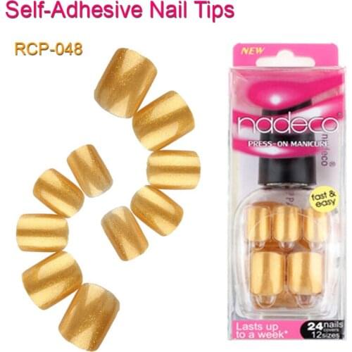 12Sets Full Cover Golden Glitter Self-Adhesive Artificial Nail Polish Tips Pre-glued Fake Nail Pure Color French Manicure RCP-48