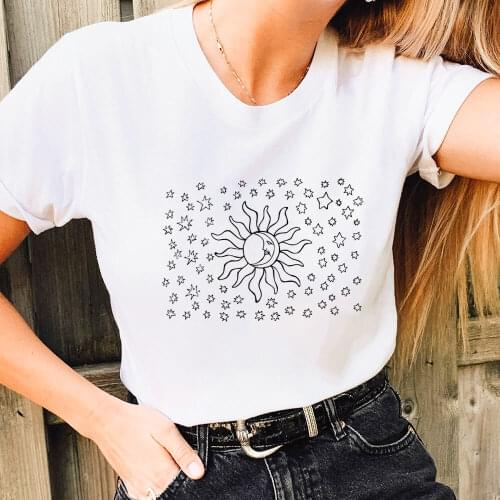 Moon Sun Star Graphic Printed 100%Cotton Women Tshirt Casual Summer Nature T Shirt Eco Life Shirts Adventure Tee Hiking Tee