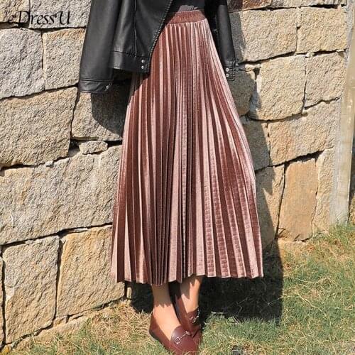 A-line Pleated Skirt Women Velvet Pleat Skirt Vintage Midi Long Skirt Autumn Winter Skirt Casual Daily Bottom Streetwear RS-01