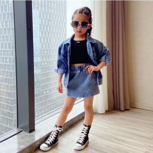 2021 Korea style girls 2 pcs denim set coat+skirt fashion autumn girls suit 4-9t B501