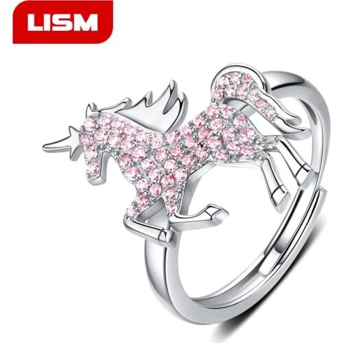 Fashion Cute Cartoon Unicorn Ring for Women Adjustable 925 Sterling Silver Crystal Finger Ring Jewelry Gift For Girl Wholesale