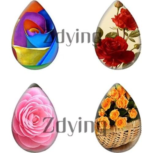Zdying 10pcs 13x18/18x25mm Colorful Red Rose Pattern Glass Cabochon Art Jewelry Flowers Tear Drop Cabochons Jewelry Findings