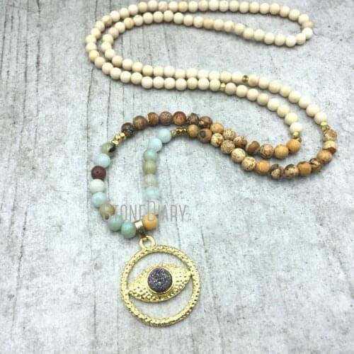 5Pcs Rainbow Circle Druzy Crystal Evil Eye Gold Electroplated Irregular Surface Circle Necklace For Sale 32inch NM4841