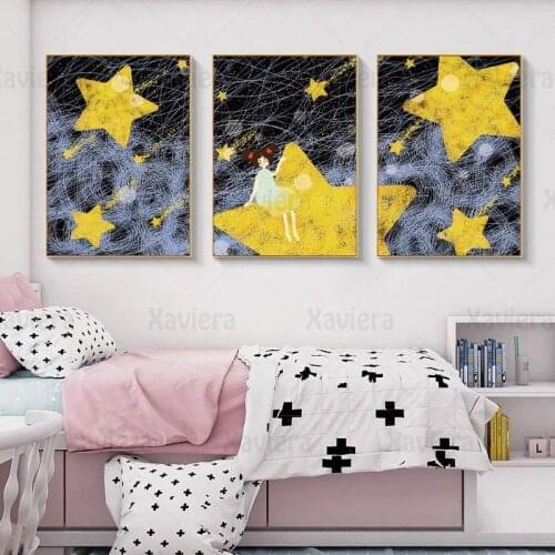 Stars Little Girl Illustration Poster and Print Girl Bedroom Decor Modern Canvas Art Painting Nursery Wall Decoration Picture