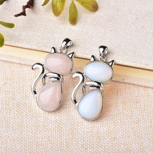 1PC Reiki Natural Stone Crystal Necklaces Pink Quartz Pendants for Women Girl Cute Cat Shape Jewelry Fashion Charm Lovers Gift