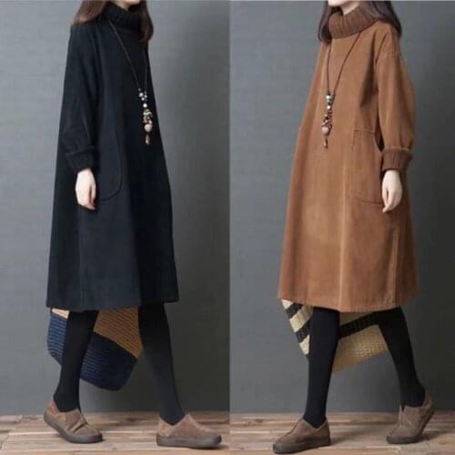 Womens Western Style Plus Size Dress Autumn Winter Korean Loose Long sleeve Corduroy Plus Velvet Turtleneck Long Dresses Women