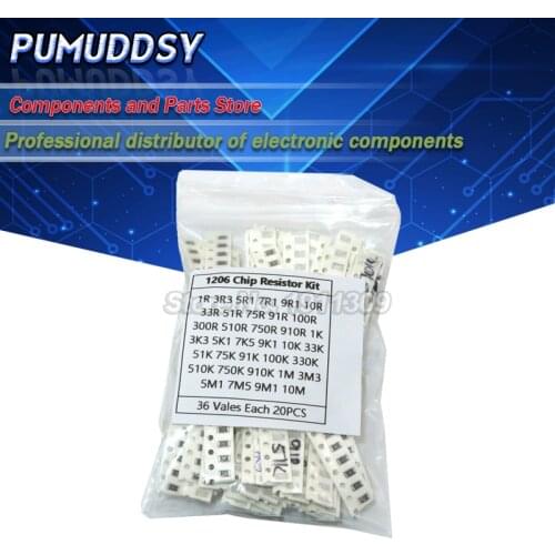 36Value*20PCS =720PCS 1206 SMD Resistor Kit 1/4W 0.25W 5% 1 ohm~10 Mohm component diy kit new and
