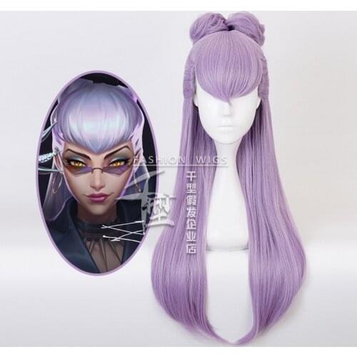 Anime LOL KDA Evelynn Cosplay Wigs Agonys Embrace Women Long Purple Hair Wig With Buns Halloween Costume Party Play Wigs
