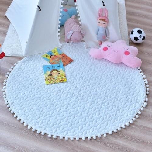 White Velvet Round Baby Play Game Crawling Pompom Quilted Play Mat Teepee Tent Mat Rug Playmats Play Floor Mats Pads for Kids