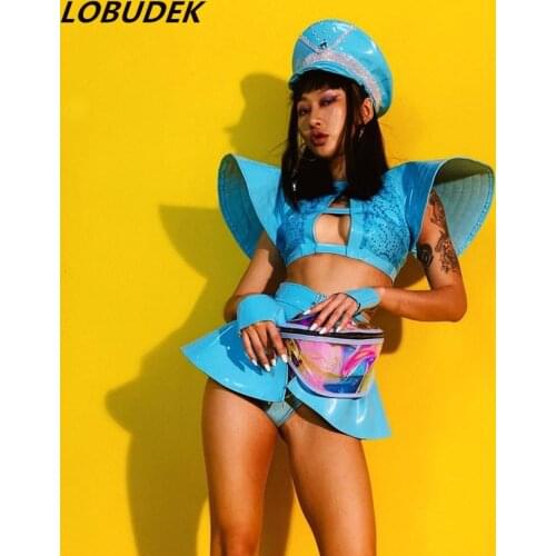 Sparkly Rhinestones Blue Bikini Crystal Hat Dance Outfit Women DJ Singer Nightclub Costume Bar Female Dance Team Jazz Stage Wear