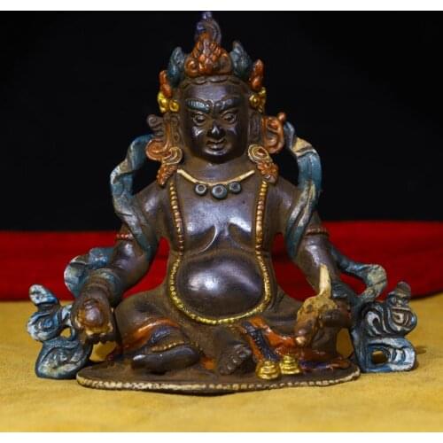 Home Decor 10" Tibet Buddhism Temple Old Bronze Painted Yellow God of Wealth Buddha Statue Esoteric Guardian Zang La Sebo