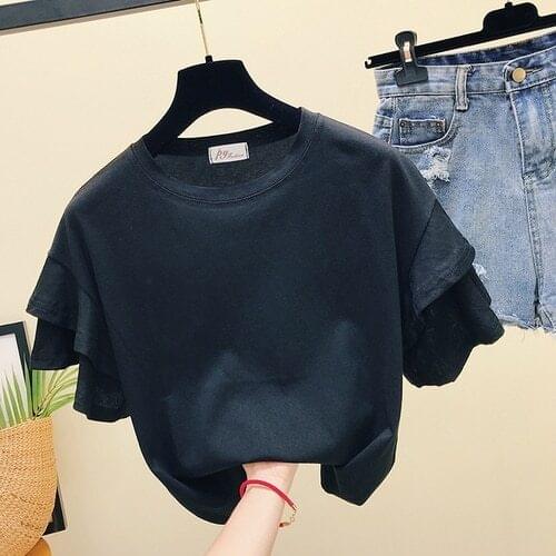 Cotton T Shirt Women Short Ruffled Sleeve Summer New Korean Style Loose All-Match Solid Color T-shirts Tops Girls Ladies