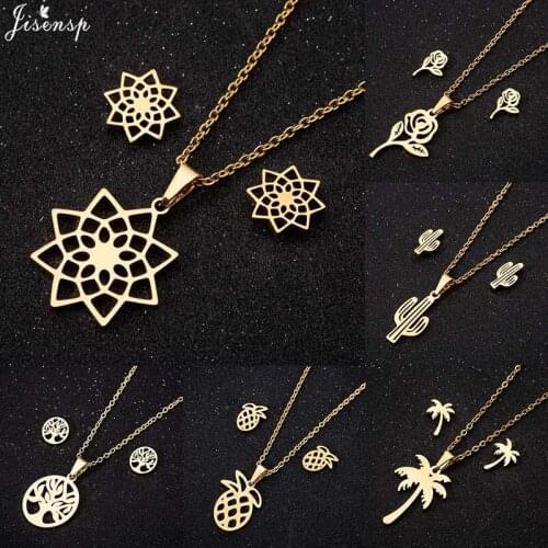 Jisensp Bohemian Style Hollow Mandala Flowers Pendant Necklace Earrings for Women Fashion Plant Stainless Steel Jewelry Sets