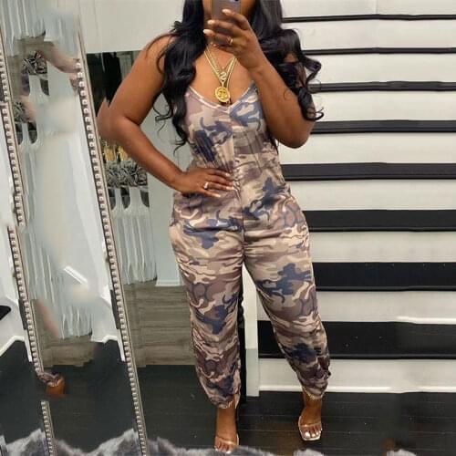 Homewear One Piece Summer Casual Women Outfits V Neck Comfortable Camouflage Print Pocket Design Sleeveless Plus Size Jumpsuit