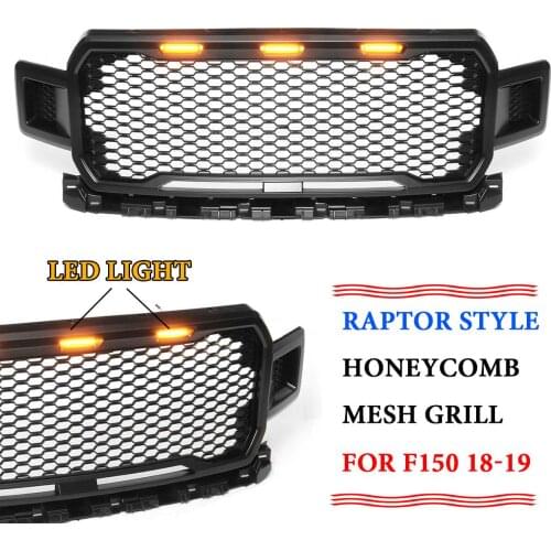 Modified Front Racing Grille Raptors Grills Mask with Black Amber LED Light Fits For Ford F150 2018-2019 Auto Grille Accessories