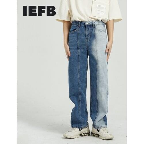 IEFB Mens Clothing 2021 Spring New Denim Trousers Korean Streetwear Color Contrast Personality Fashion Trend Casual Jeans Y7165