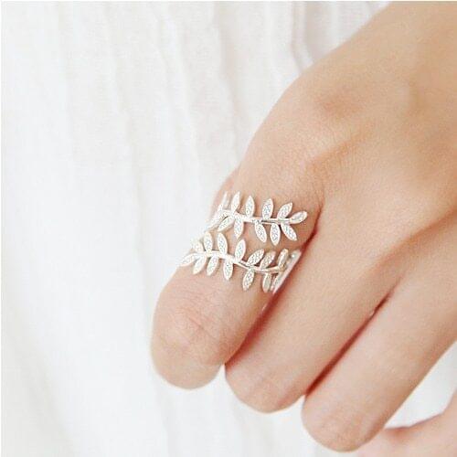 Real 925 Sterling Silver Leaf Crystal Rings for Women Lady Fashion Wedding Rings Adjustable Ring sterling-silver-jewelry