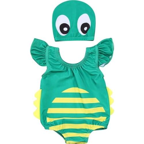 0-5T Children Swimwear 2pcs Set Cartoon Beetle One-Piece Swimsuit with Swim Hat Ruffles Fly Sleeve Beachwear Summer Kid Girl Boy