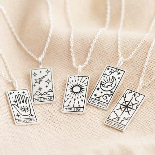 Sun Moon Fortune Star World Tarot Card Pendant Necklaces Women Men Vintage Jewelry Stainless Steel Square Amulet Lucky Necklace