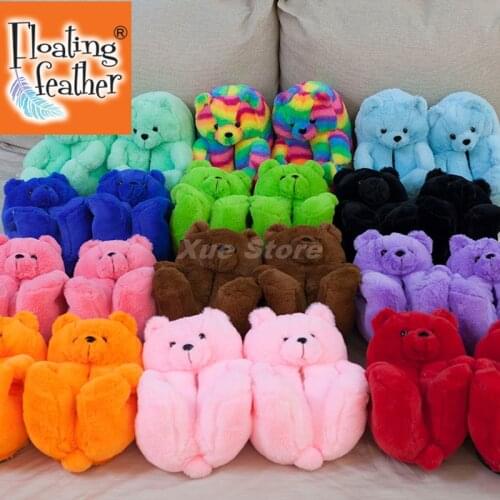 Teddy Bear women christmas plush slippers Cartoon Cute Bear House Slipper Furry Faux Fur Slides Woman Furry Flip Flop Shoes