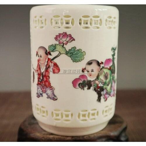 Ancient porcelain people hollow pen holder porcelain pen holder study utensils decoration