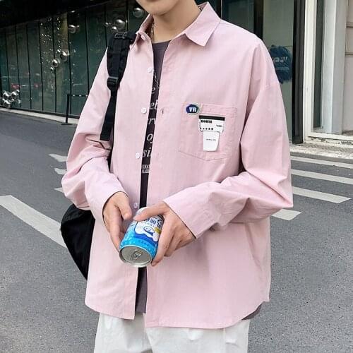 Plus Size 5XL-M Autumn Winter Long Sleeve Men Casual Shirts 100% Cotton Front Pocket Loose Chemise Homme Streetwear Pink/Blue