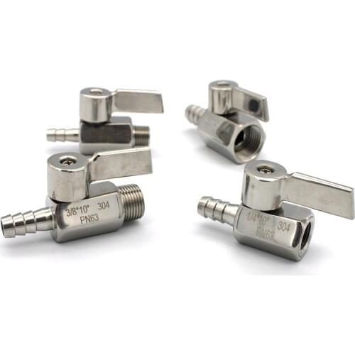 1/8" 1/4" 3/8" 1/2" BSP x 7/12mm Hose Barb Mini Sanitary Ball Valve Homebrew Beer SUS 304 Stainless Steel With Stainless Hanlde
